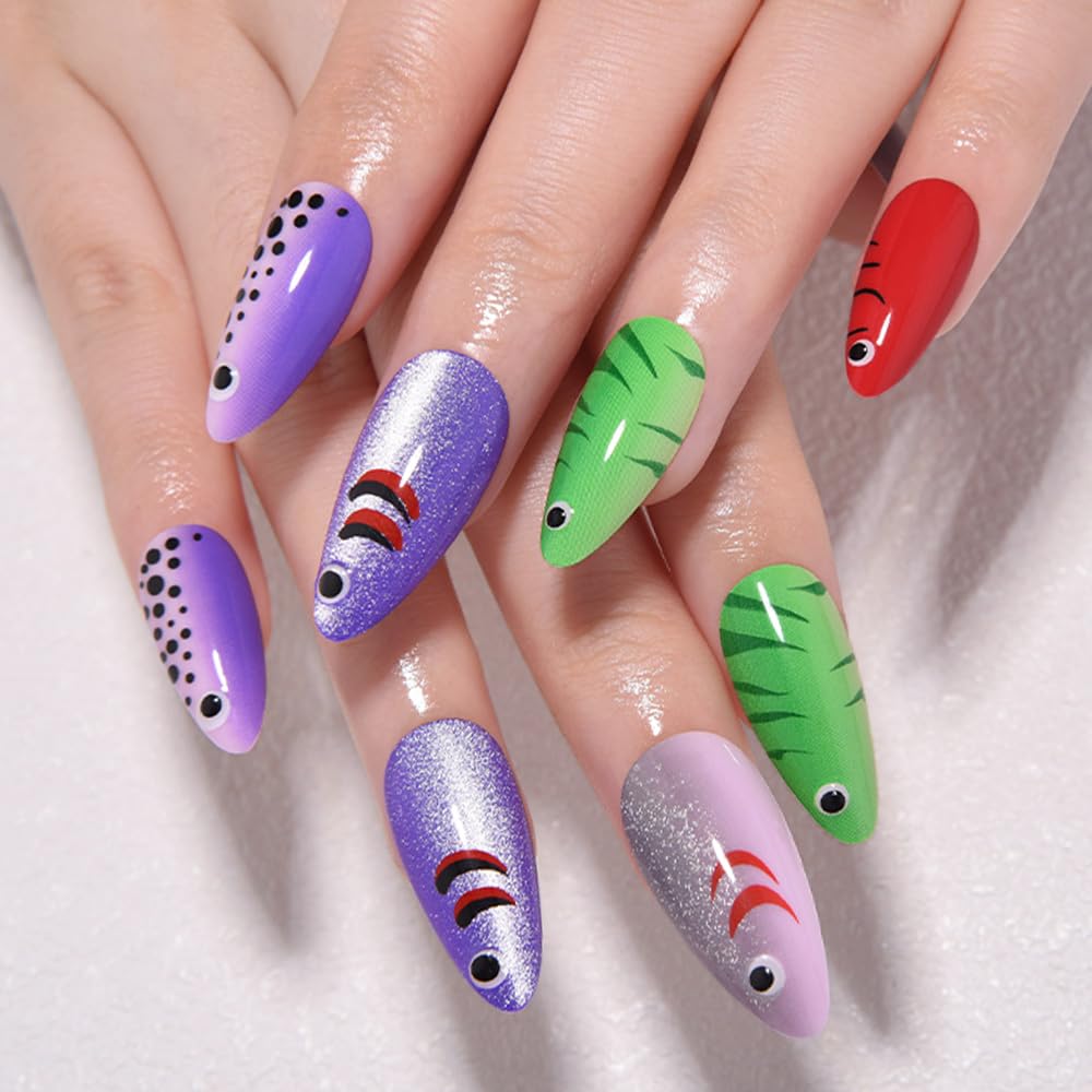 evpct Handmade Press on Nails Short Almond with Fish Lure Design, Cute Costume Fish Bait Press on Fake Nails for Women with Manicure Kit, Reusable Full Cover Stick on Nail with Design Perfectly Fit