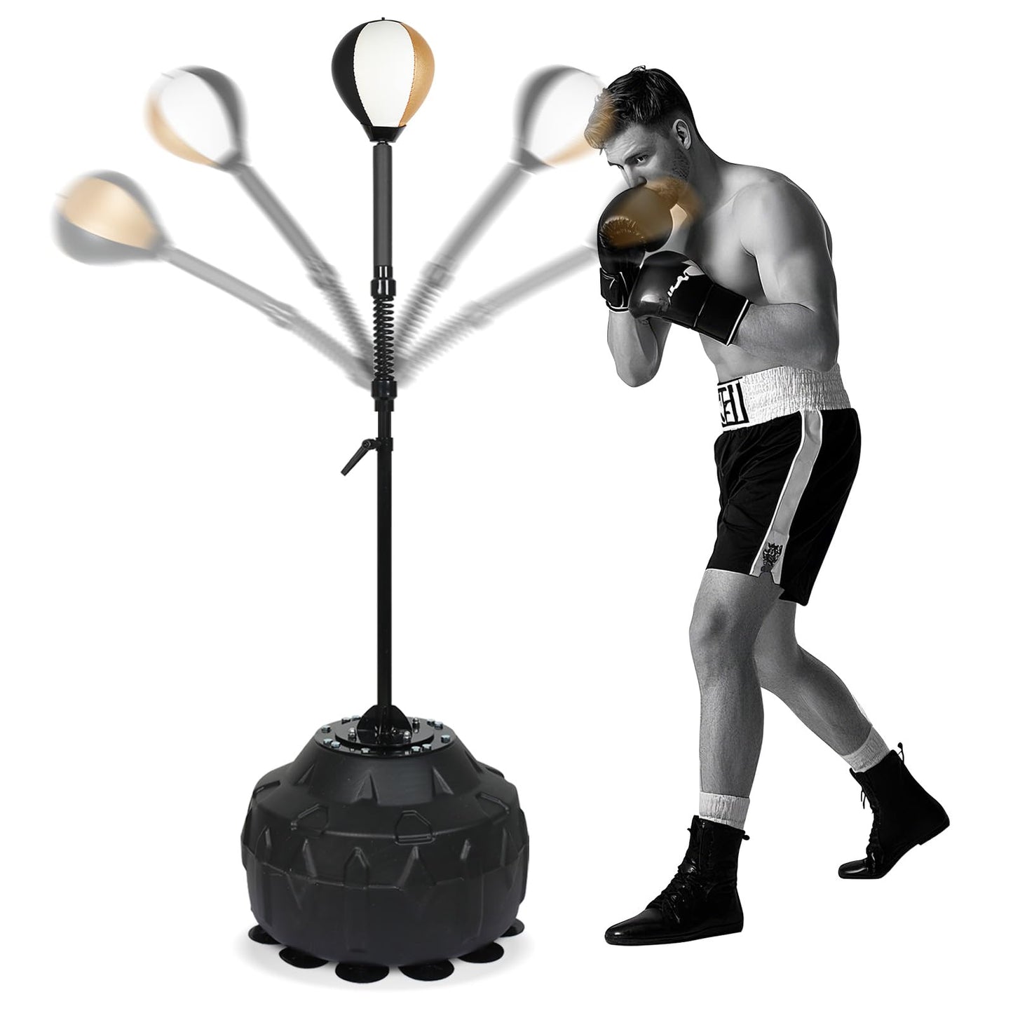 Boxing bar Reflex Speed Bag Punching Bag Free Standing Boxing Bag with Adjustable Height & Reinforced Spring Strong Durable Relief Stress Ball for MMA WWE Exercise（Black White Gold）