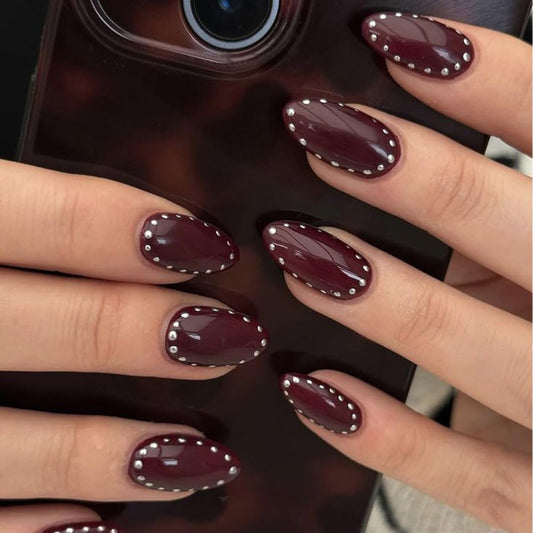 Dark Red Press On Nails - Medium Almond Acrylic Fake Nails with Silver Dots Designs,30Pcs Fall Winter Manicure Kit for Women Girls