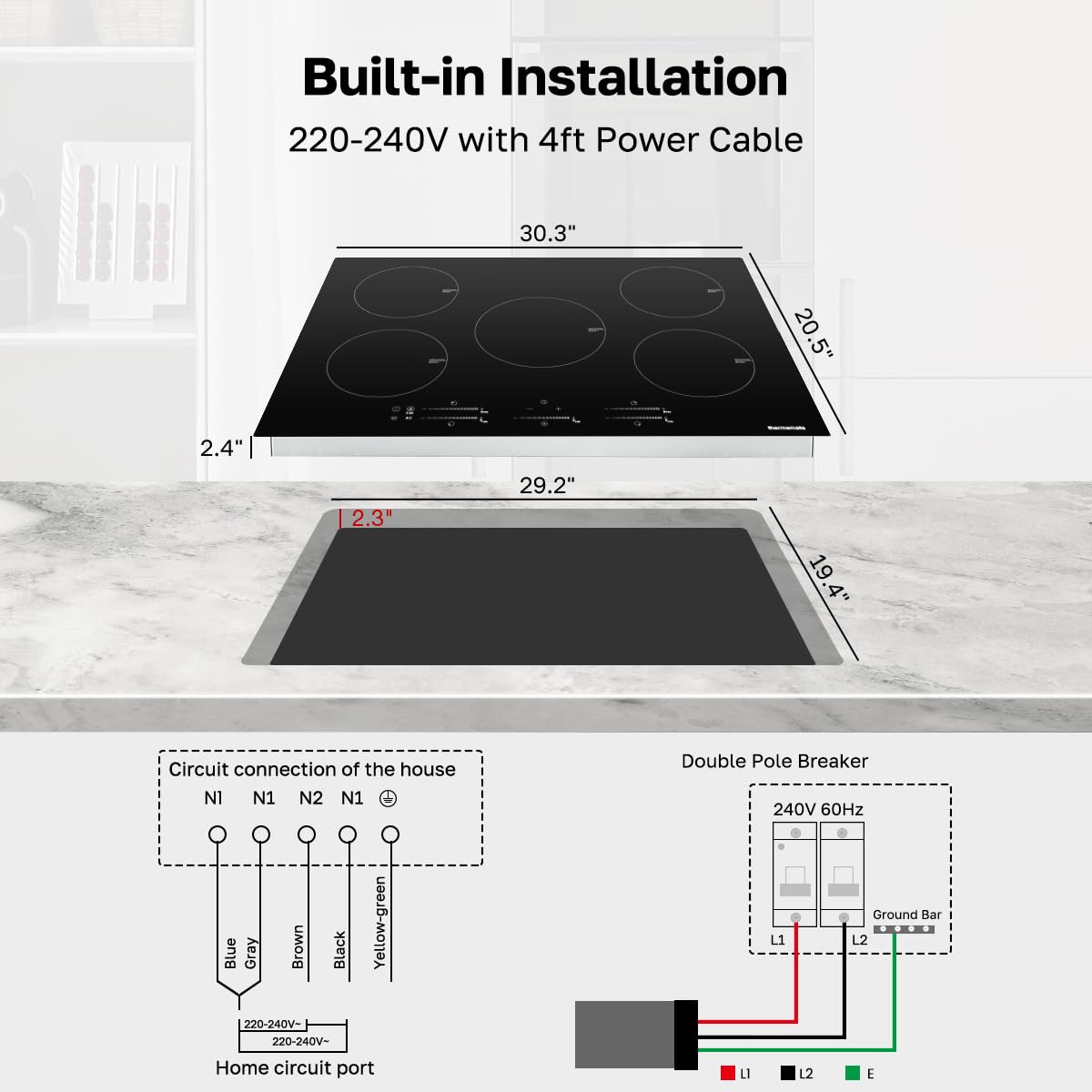 ThermoMate 30 Inch Induction Cooktop, 9000W Built in Induction Stove Top, Electric Cooktop with 5 Boost Burner, 9 Heating Level, Timer & Child Safety Lock, Sensor Touch Control, 240V