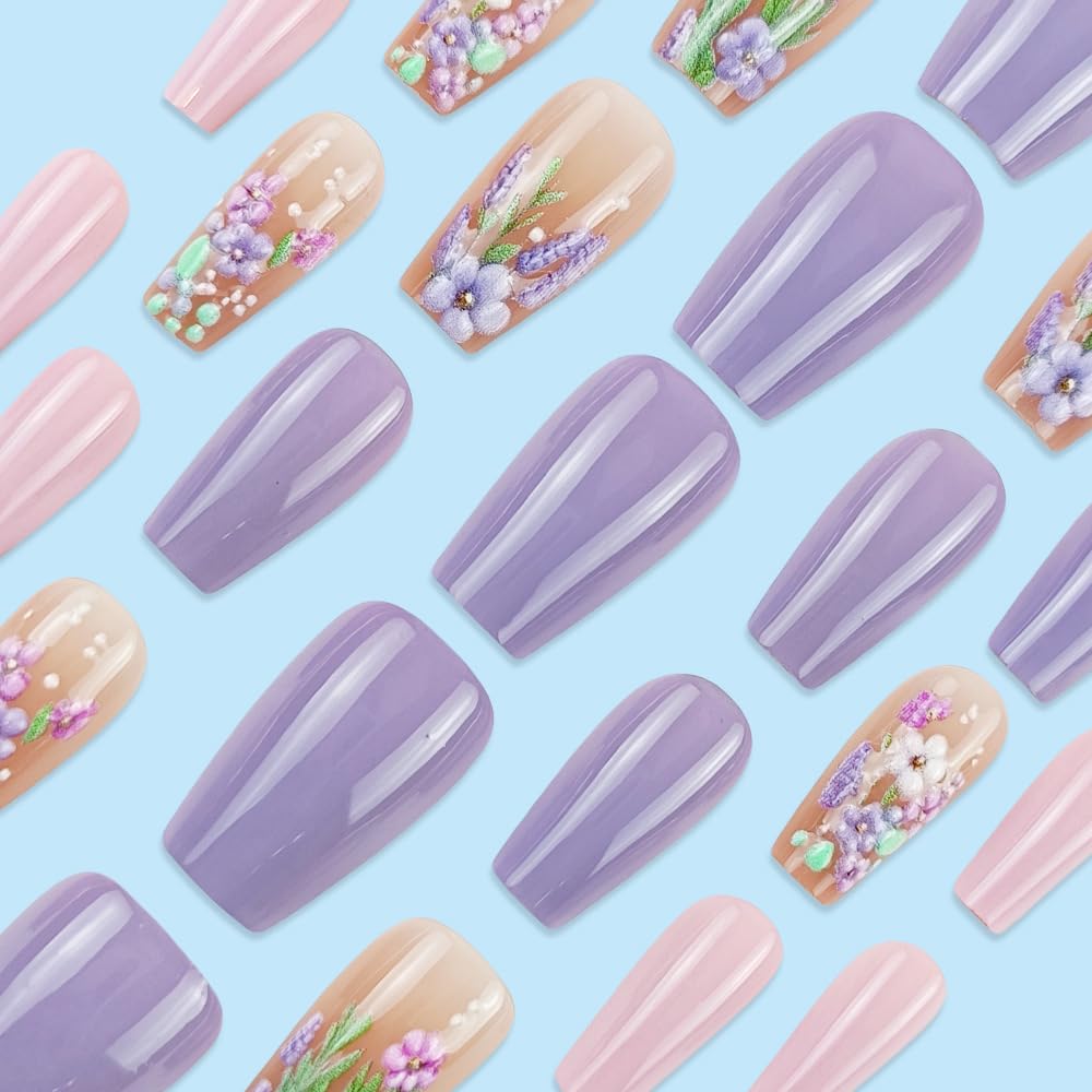 Spring Purple Floral French Press on Nails Medium Ballet Fake Nails 3D Floral False Nails with Purple and Pink Design Glossy Spring Stick on Nails for Women Girls Manicure Decoration 24 pcs