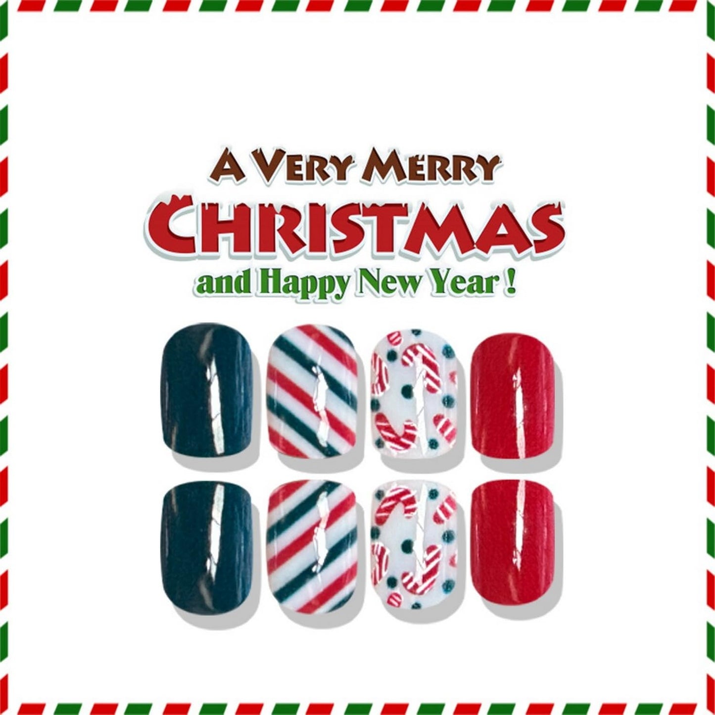 24 Pcs Christmas Press on Nails Short Square Fake Nails with Crutch and Candy Reusable Christmas False Nails with Red and Green Stripes Design Xmas Acrylic Nail for Women Manicure Decoration