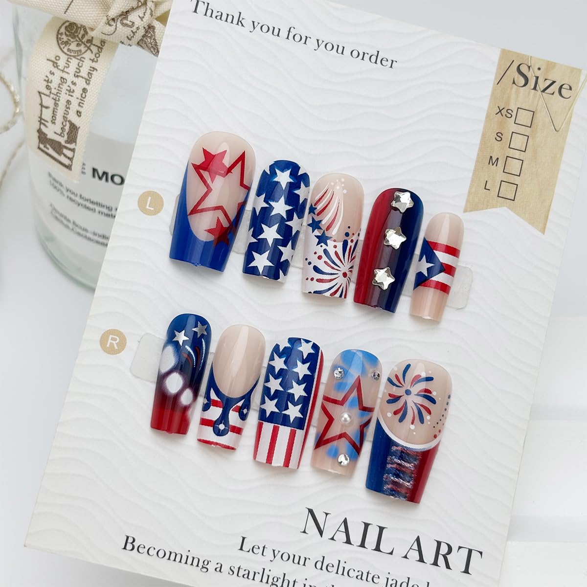 24Pcs 4th of July Press on Nails Medium Square French Tip Fake Nails with Star Rhinestone Design Independence Day False Nails Patriotic Flag Star Glue on Nails for Women Holiday Acrylic Nails