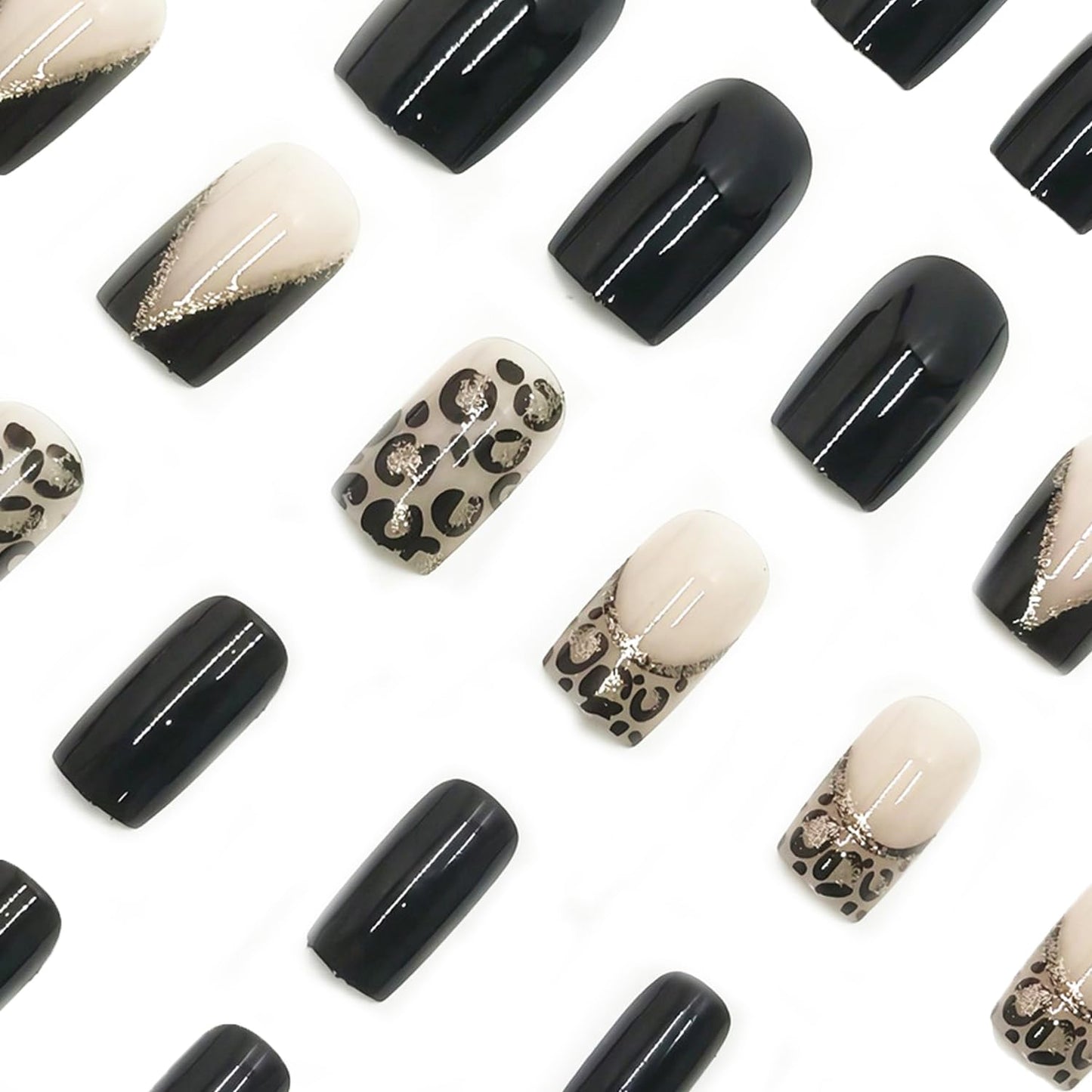 24 Pcs French Tip Press on Nails with Leopard Print Designs Medium Square Silver Glitter Fake Nail Glossy Black False Nails Full Cover Acrylic Stick on Nail for Women DIY Manicure