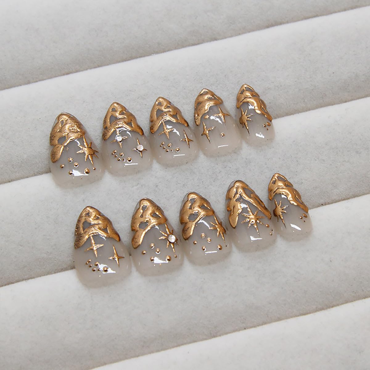 24Pcs Gold French Tip Press on Nails Short Almond Fake Nails 3D Gold Irregularity Design Nude Full Cover Glue on Nails Star Moon Stick on Nails Chrome False Nails for Women Acrylic Manicure Salon DIY