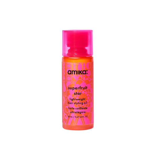 amika superfruit star lightweight hair styling + heat defense oil, 20ml | heat protection, strengthen + reduce breakage, smooth frizz, add glossy shine