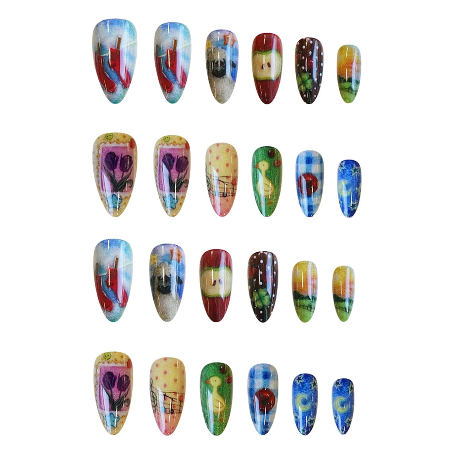 IMRAIN Press on Nails Medium Almond Fake Nails with Cute Pattern Design Blue Red Acrylic False Nails Y2K Summer Full Cover Artificial Stick on Nails for Women Girls 24Pcs