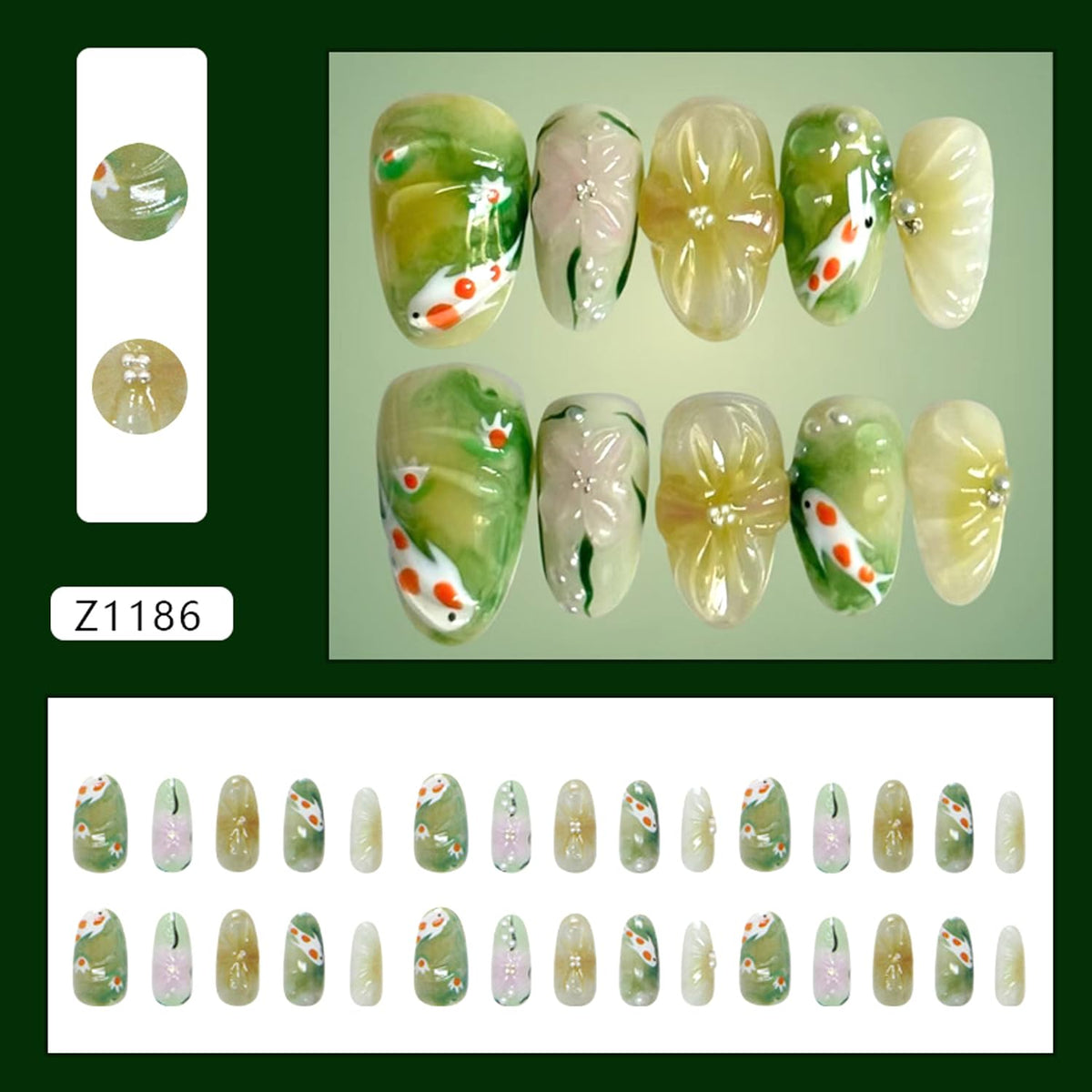 30Pcs Flower Press on Nails Medium Almond Fake Nails Press on 3D Pearl Design Koi Fish False Nails Green Smudge Glossy Full Cover Cute Floral Koi Reusable Spring Summer Acrylic Glue on Nails for Women