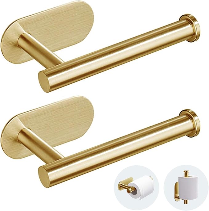 JOPOFI Toilet Paper Holder - Self Adhesive Toilet Paper Holder Wall Mount for Bathroom, Command Strip Stainless Steel Toilet Paper Roll Holder Stick On Wall, No Drilling - Brushed Goldï¼2 Pcsï¼