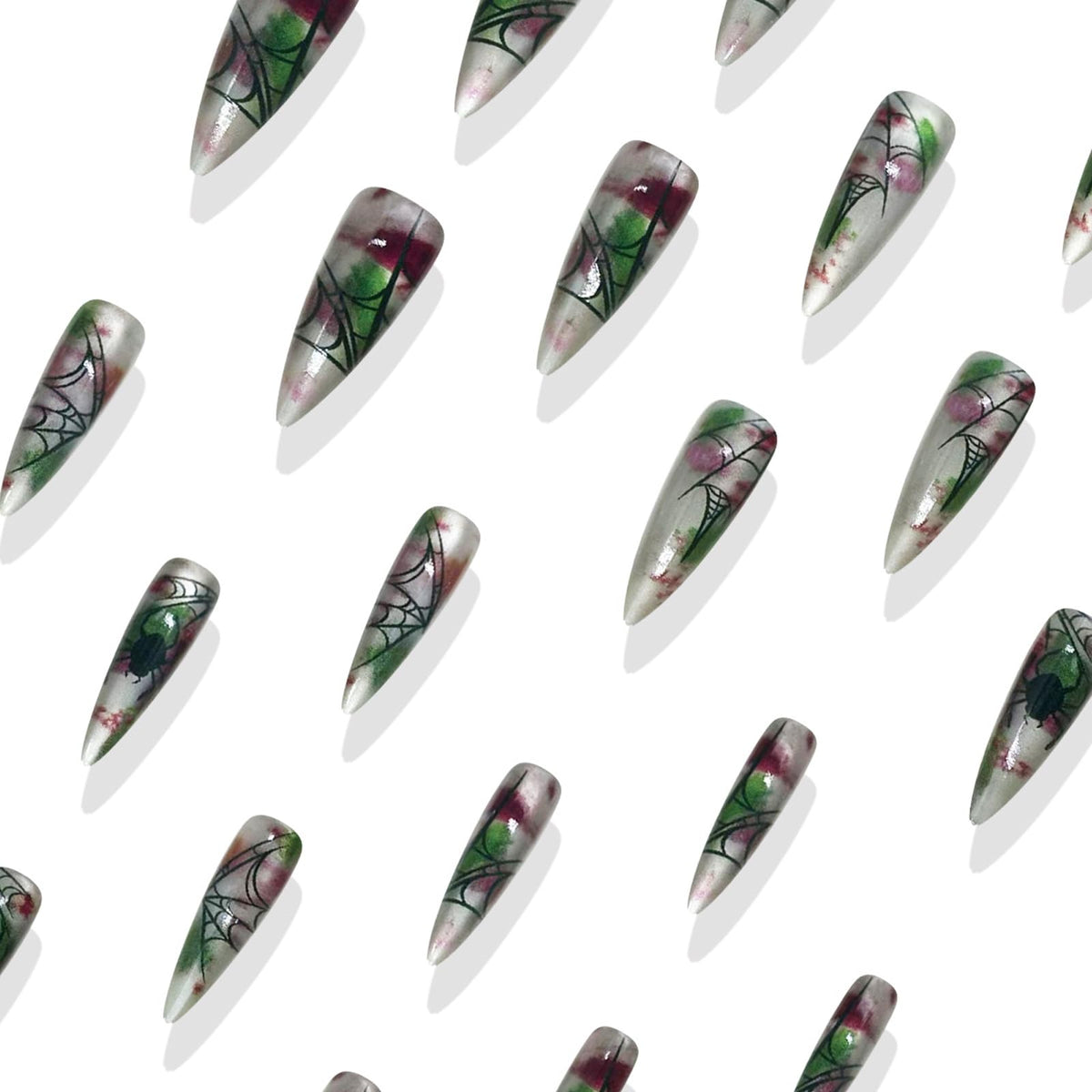 IMRAIN Press on Nails Long Stiletto Fake Nails with Spider Web Designs, Cat's Eye Glossy Glue on, Artificial, Acrylic, Full Cover False Nails for Women Manicure 24Pcs