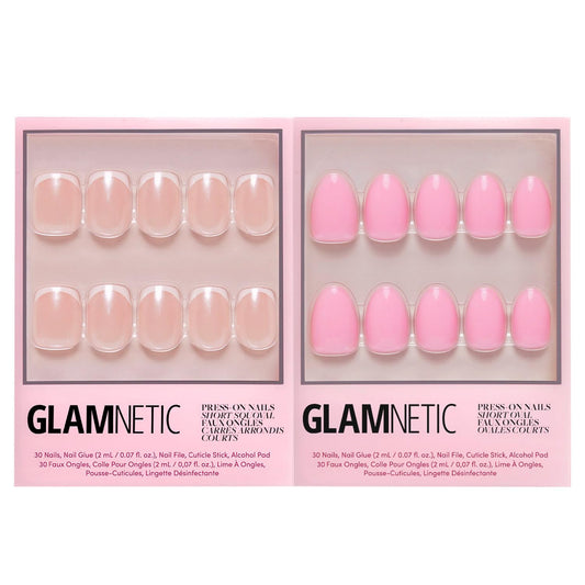 Glamnetic Press-On Nails Bundle - La Perle & Think Pink | Squoval White Nails with French Tips | Light Pastel Pink Short Oval Fake Nails | Reusable, Salon-Quality Nail Kits