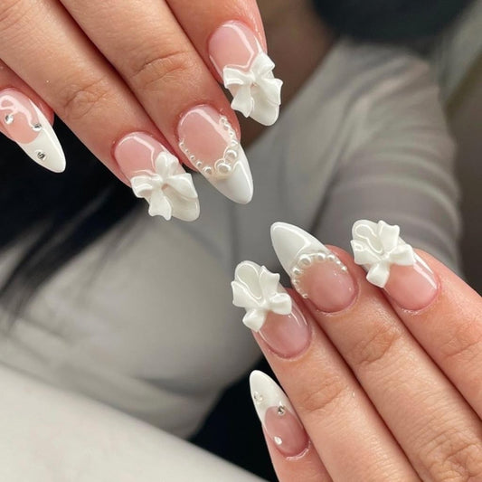 CTTHNBD Press on Nails Almond - White French Tip Fake Nails with Bow Pearl Desgin - Medium False Nails Press ons - for Women 24 Pcs