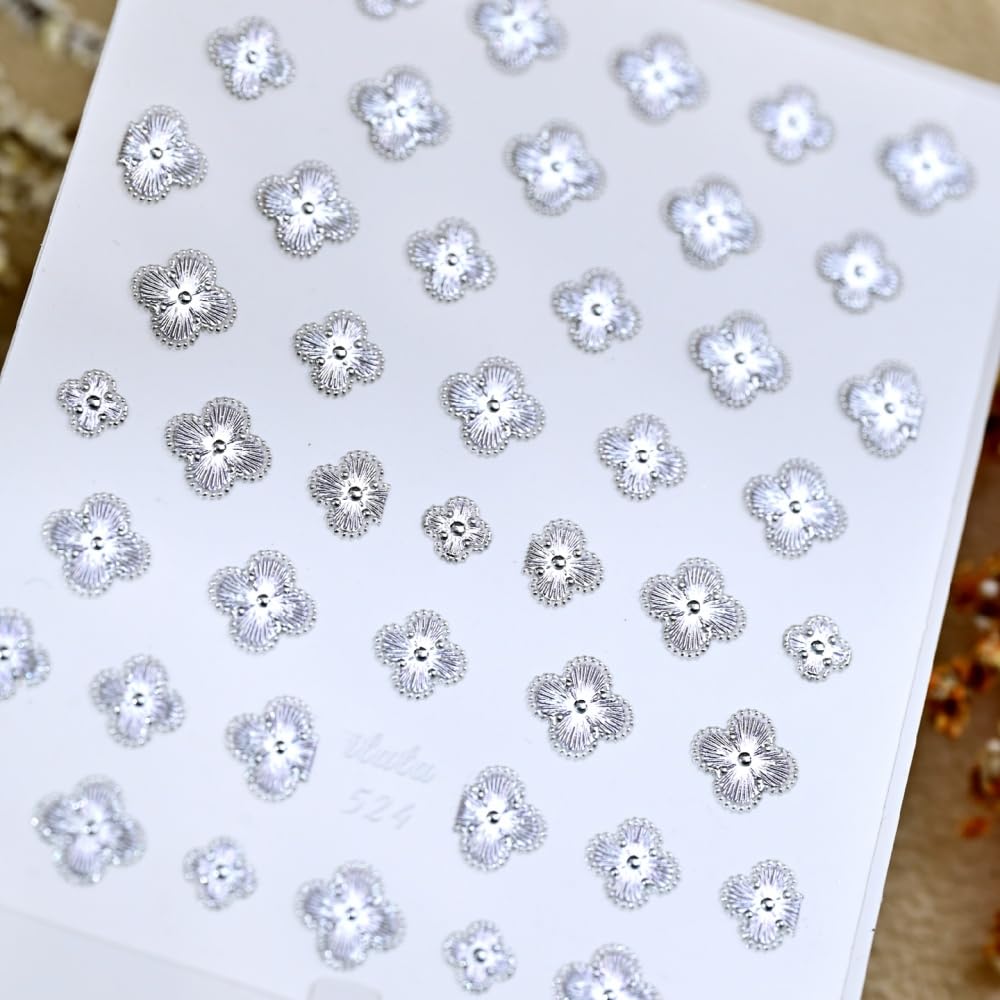 Leaf Nail Stickers 5D Embossed Silver Shamrock Nail Art Stickers 3D Self-Adhesive Clover Nails Supplies Flower Nail Designs Cute Floral St Patricks Nail Decals Stickers for Women DIY Manicure 1 Sheet