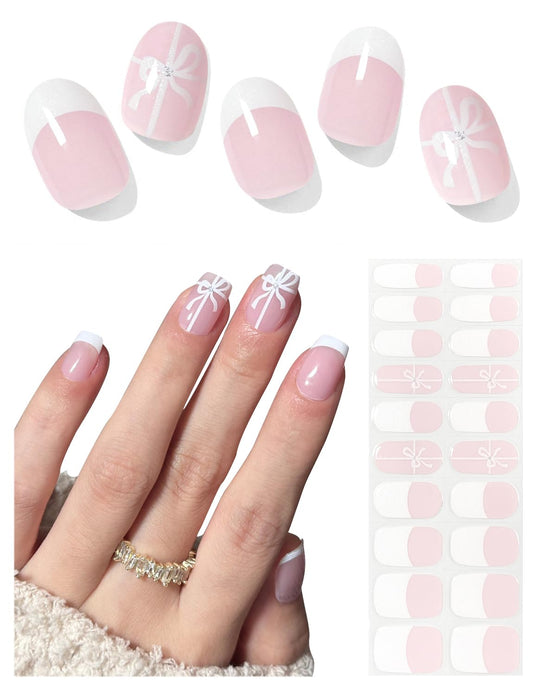 Semi Cured Gel Nail Strips, 20pcs French Bowknot Gel Nail Stickers UV for Home Nails DIY