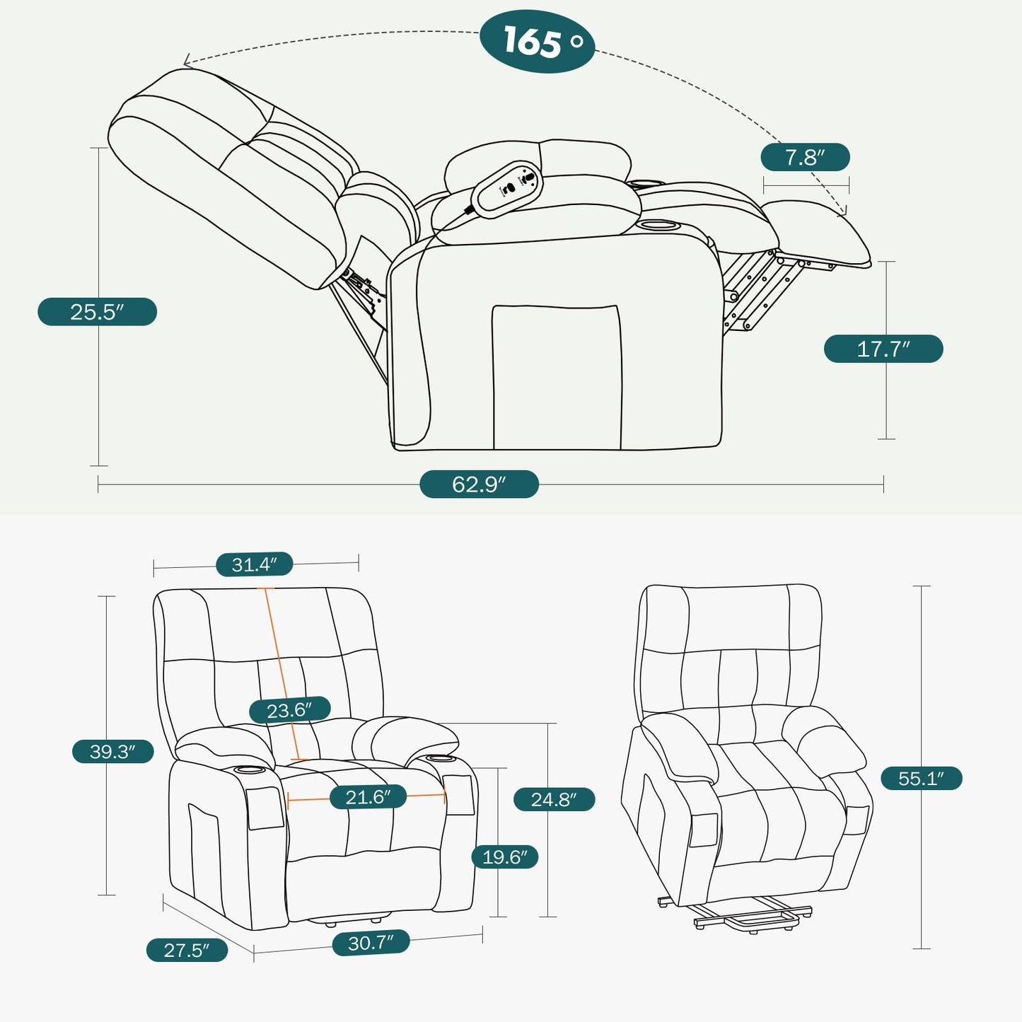 DUMOS Power Lift Recliner Chair with Vibration Massage and Heat for Elderly, Ergonomic Overstuffed Breathable Fabric Reclining Chair with 3 Pockets, Remote Control, Living Room, Bedroom, Grey