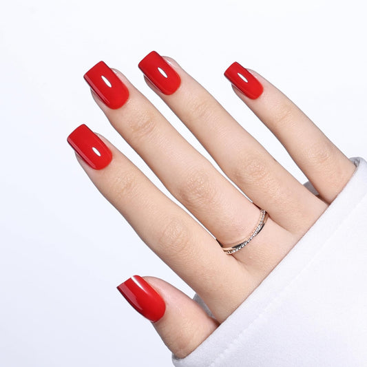 Red Press On Nails Square - Short Square Fake Nails with Nail Glue, Red Press On Nails Opaque Reusable Stick On Nails in 16 Sizes - 32 Nail Kit for Women & Girls | Salon Quality