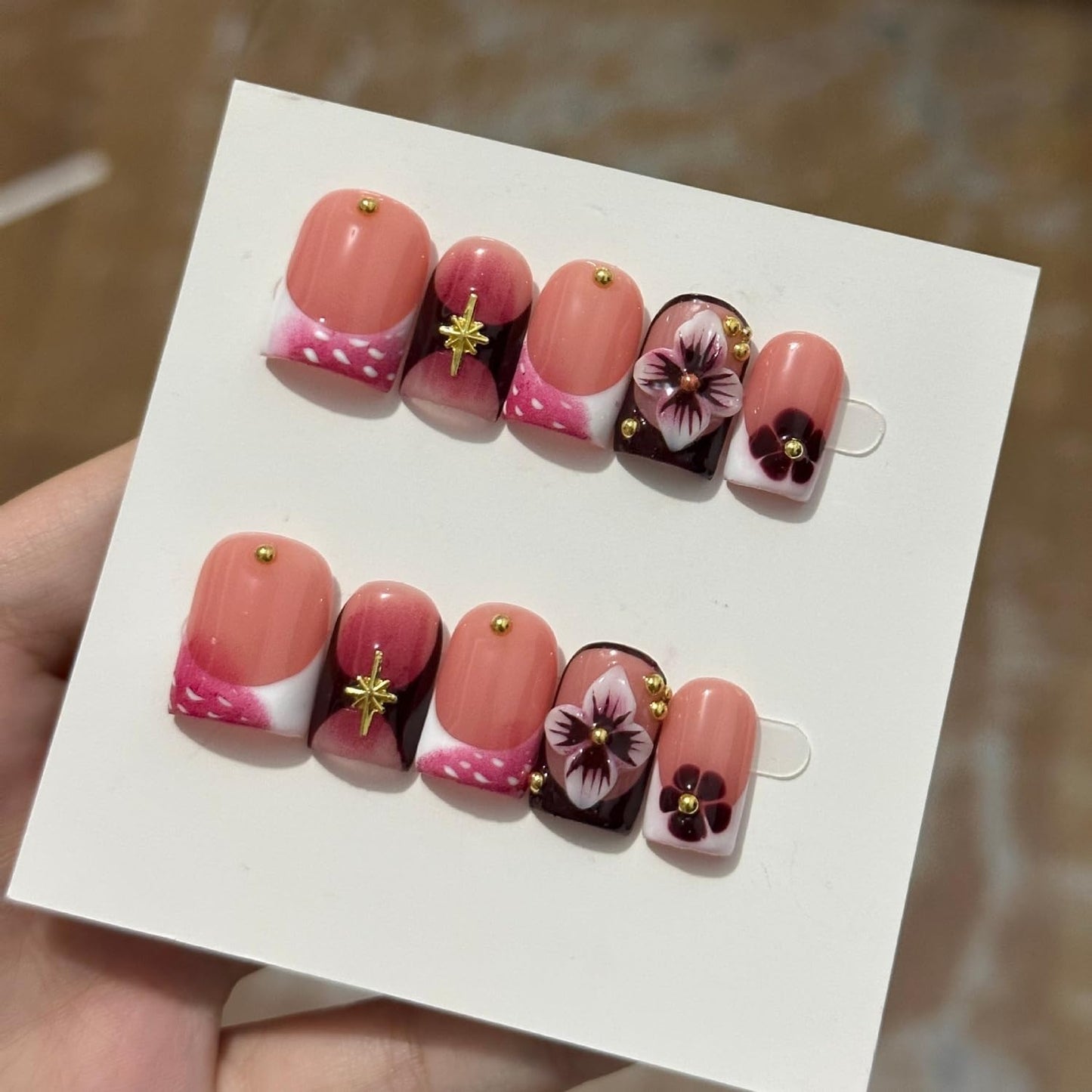 Handmade Press on Nails Square False Nails with 3D Flower & Golden Steel Designs Thicked Fake Nail Gradient Full Cover Muti-Layer Gel Acrylic Nails Red French Tip Stick on Nail for Women (S)