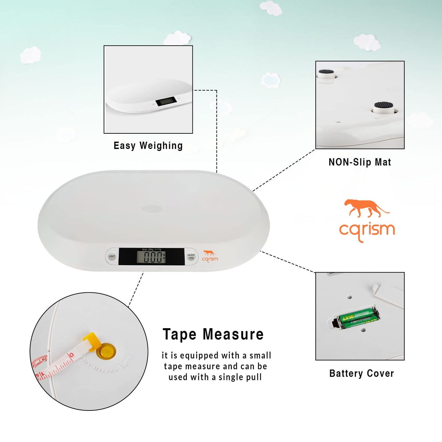 CQRISM Baby Scale, Smart Weighing with 3 Modes, Tare Function, Curved Platform with Ruler for Infants, Newborns, Puppies, Cats, Toddlers
