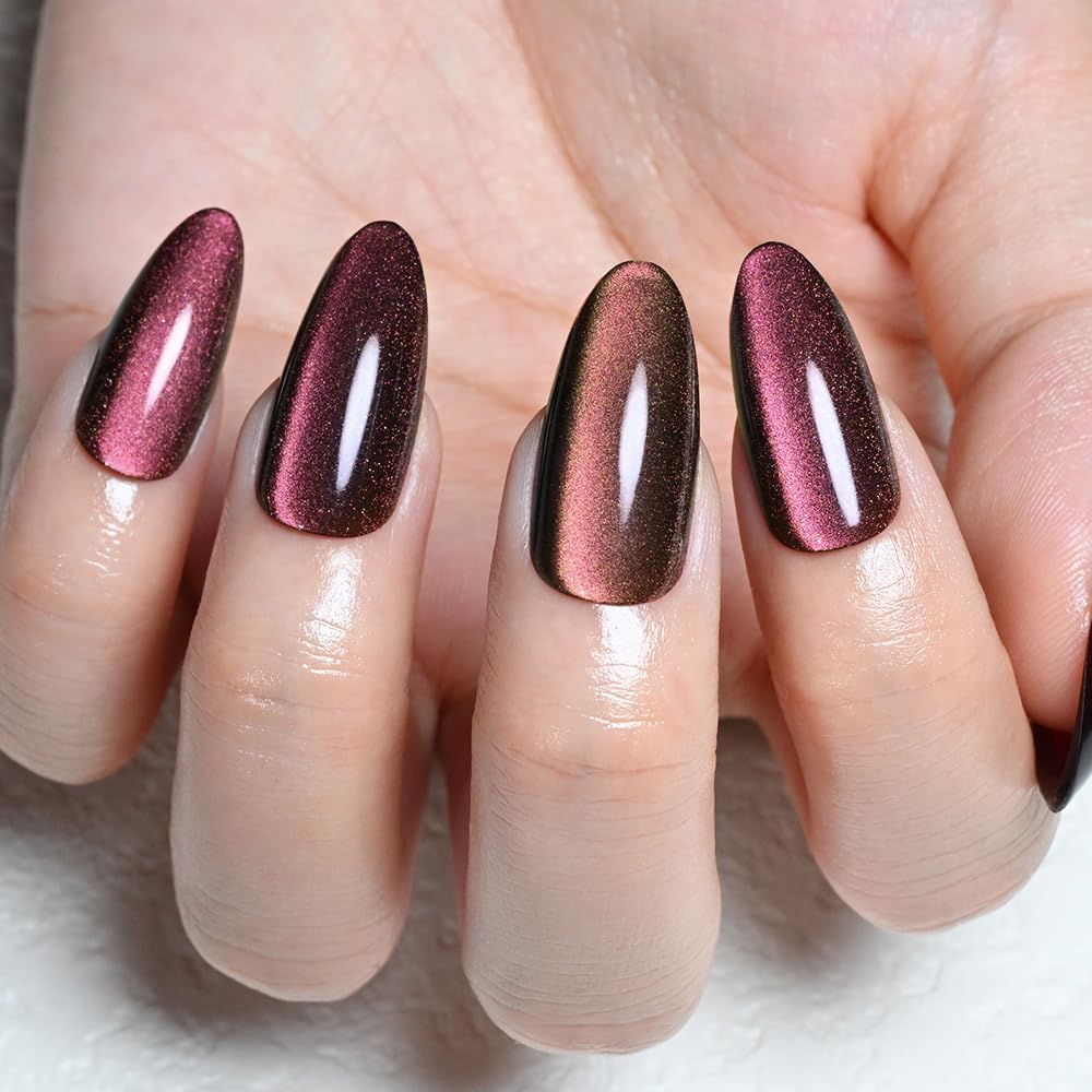 evpct Purple Red Cat Eye Chrome Press on Nails Almond Medium with Design, Holographic Medium Almond Stick on Fake Nails for Women, Glossy Cat Eye Effect, Perfectly Fit Salon-quality Soft False Nail