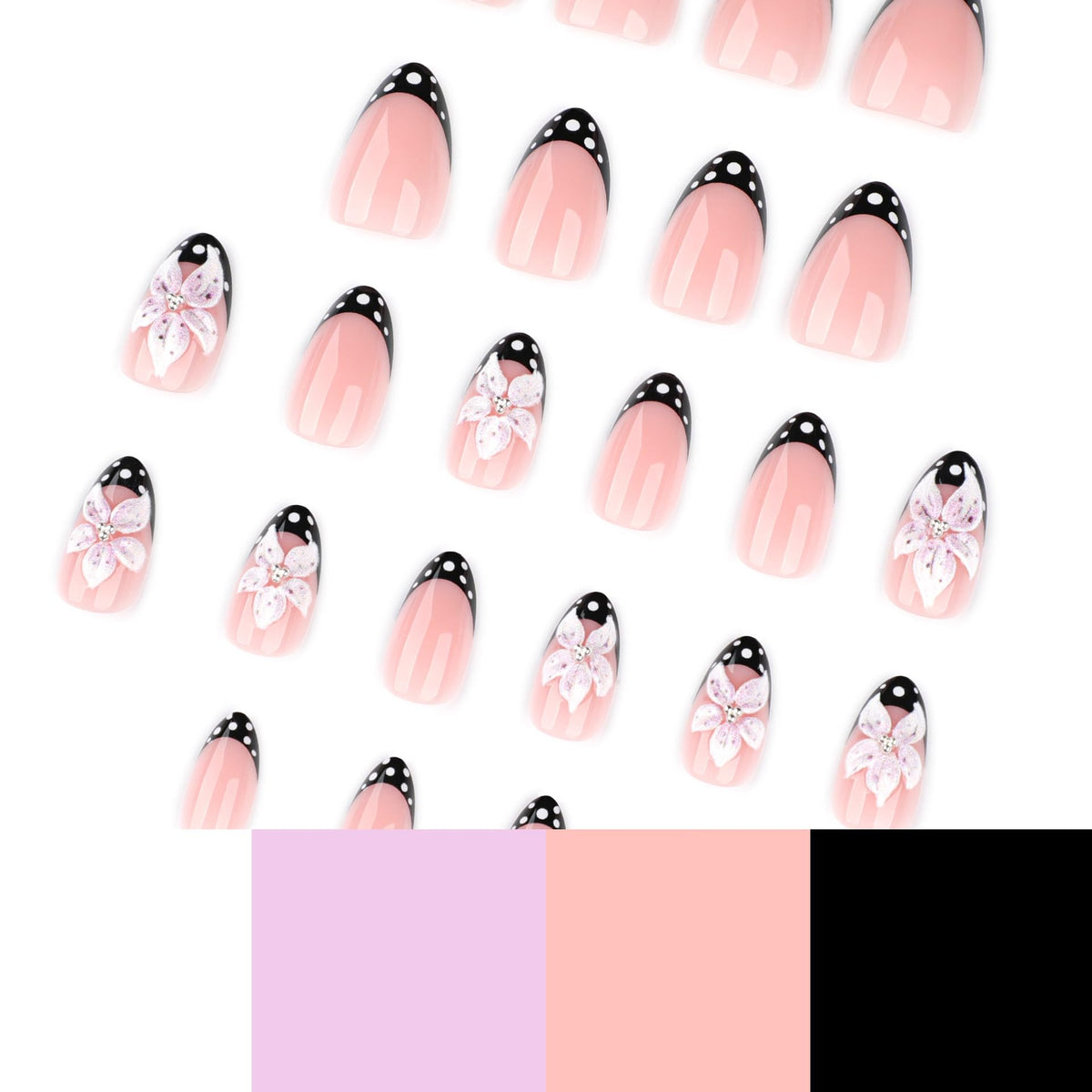 3D Flower Press on Nails Black French Almond Fake Nails with White Polka Dot Tip Cute Spring Glue on Nails,Nude Pink Full Cover Stick on Nails Polka Dot Nails Press ons for Women