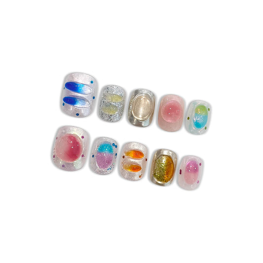 Hantyer Press on Nails, Short Round Fake Nails in Dopamine Colors, 3D Candy Decor & Icy Translucent Glitter, 10 Pcs Handmade Nails Sweet Style for Daily Commute, Party & Holiday Events(Size M)