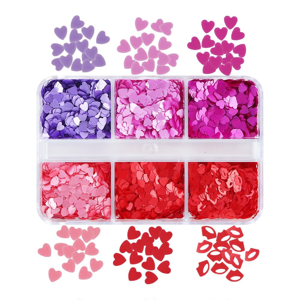 18Grids Valentine's Day Nail Art Glitter Sequins Kits 3D Heart Nail Glitters Valentine Nail Stickers Decal for Shining Flakes Red Pink Purple Heart Shaped Nail Design for Manicure Charms Decorations
