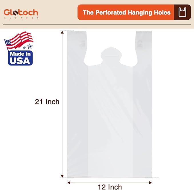 Glotoch 1000 Count-Plastic T-shirt Bags Plain White, 11.5" x 6.5" x 21" Grocery Bags with Handles for Restaurant, Retail, Grocery Store, Takeout, Convenience, Trash, Shopping Bag Small Business