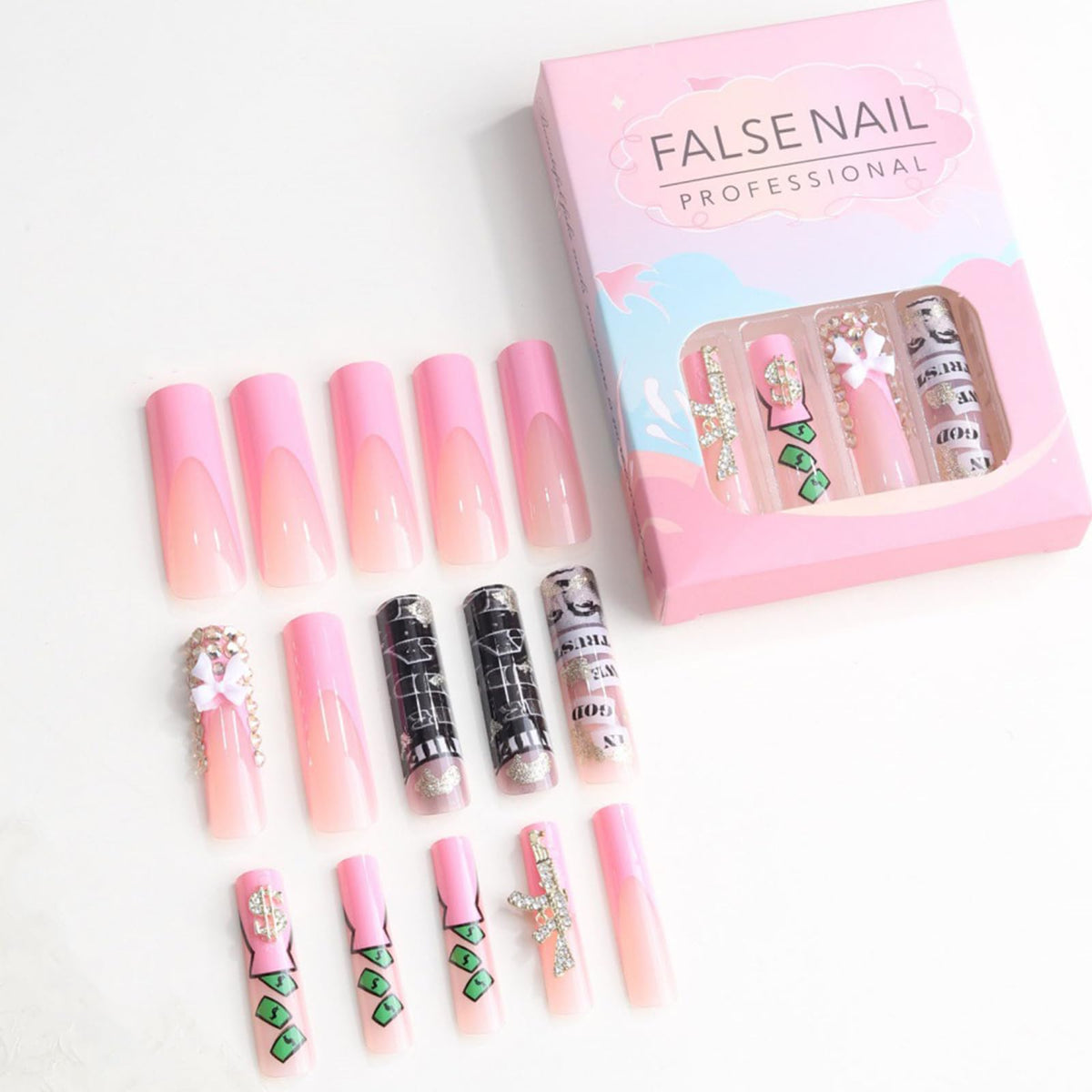 IMRAIN Long Square Press on Nails Pink French Tip Fake Nails with Designs Gold Charms & Rhinestone False Nails Glossy Glue on Nails Artificial Extra Long Nail Supplies 24Pcs