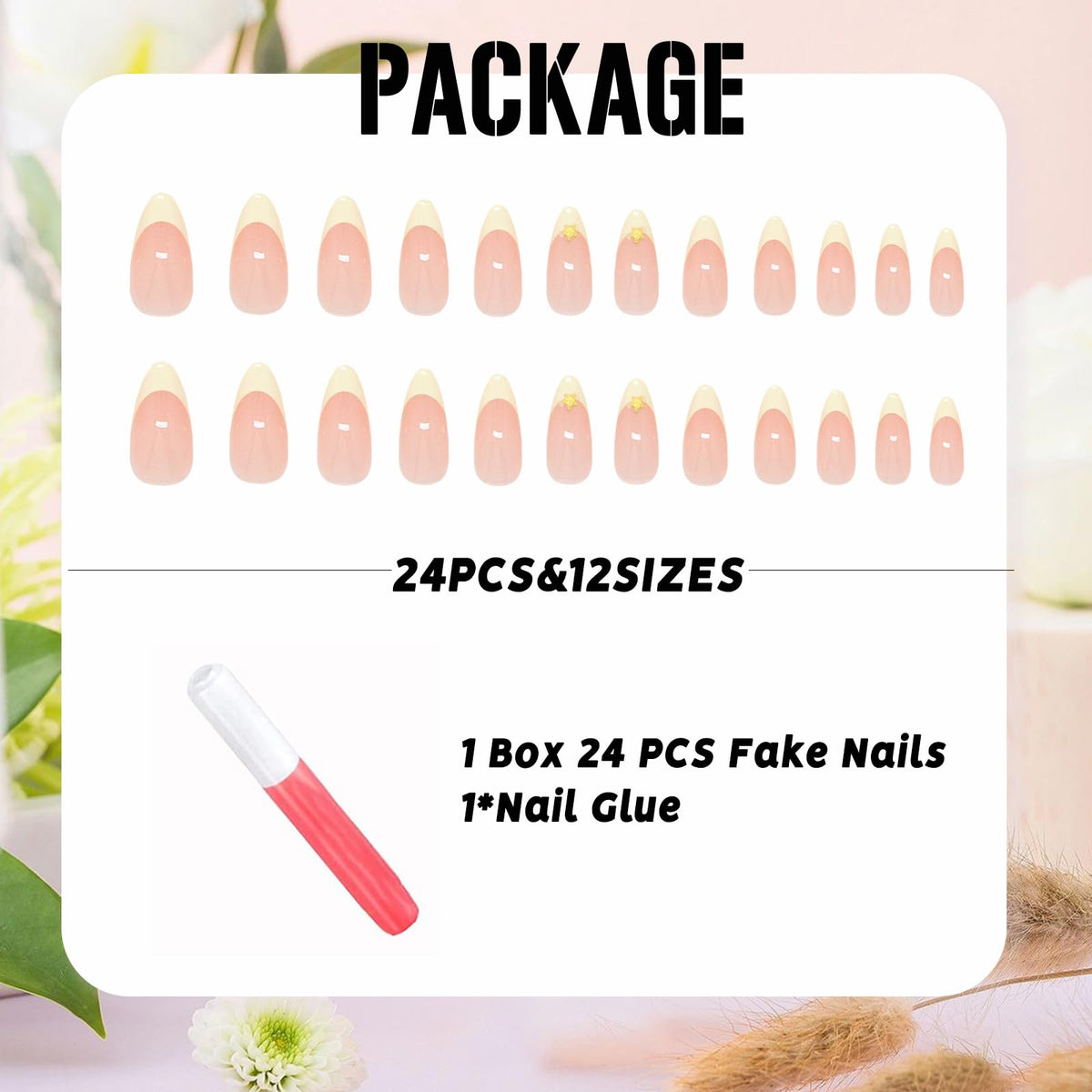 IMSOHOT Press on Nails Long Stiletto Fake Nails with Golden Star Charms Designs Yellow French Tip Glossy Acrylic False Nails Full Cover Gel Almond Nail Supplies