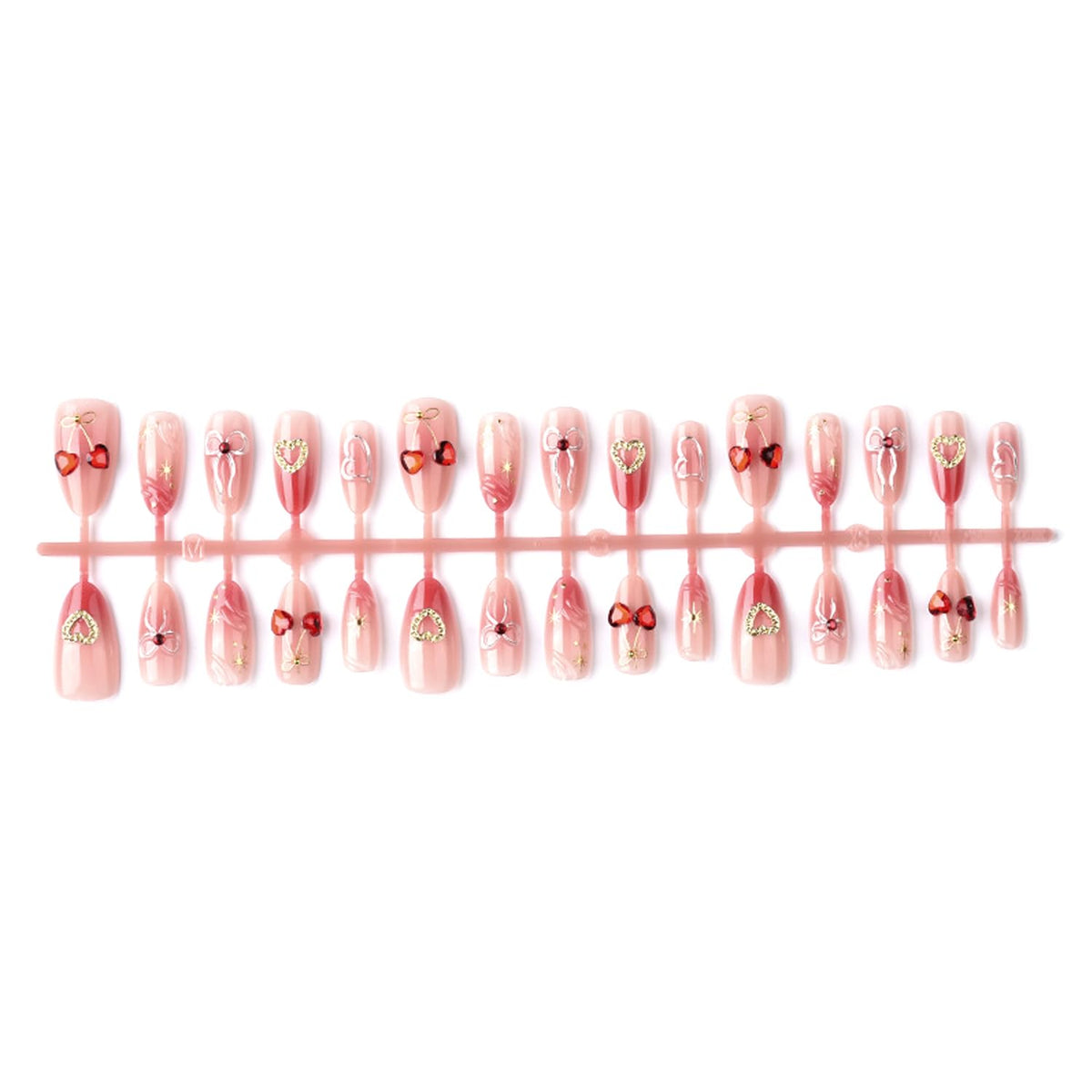 30Pcs Valentine Press on Nails Medium Almond Fake Nails Press on 3D Rhinestone Star Design Red Cherry False Nails Bow Heart Full Cover Red Smudge Acrylic Glue on Nails for Women Festive Nail Art Decor