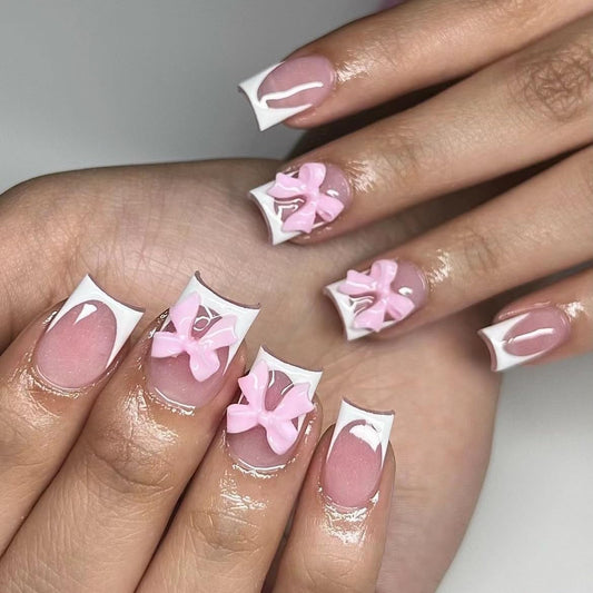 White French Tip Press on Nails Medium - Square Fake Nails with Pink Bow Design - Cute Full Cover Stick on False Nails for Women 24 Pcs