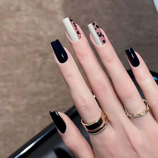 RikView Square Press on Nails Medium Fake Nails Black Nails with Leopard Print Design Glossy Full Cover Nails for Women 30 PCs/Set