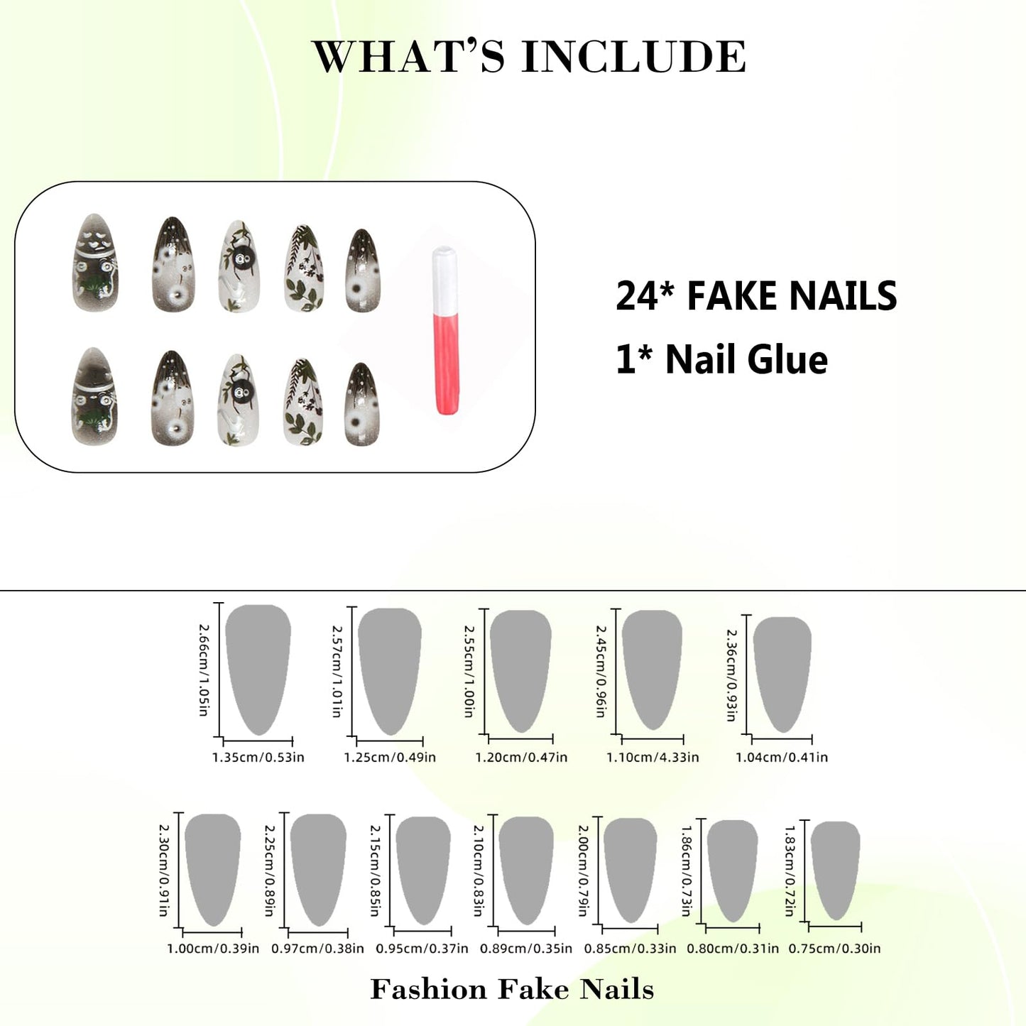 IMRAIN Press on Nails Medium Almond Fake Nails with Cute Pattern Design Glossy Black Ombre Acrylic False Nails Full Cover Glue on Nails Artificial Nail Supplies for Women Girl Nail Decoration