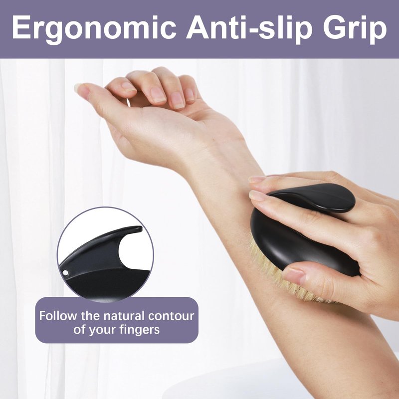 Dry Brushing Body Exfoliating Brush, Anti-Slip Body Scrubber for Shower, Natural Boar Bristles Bath Brush for Deep Cleansing & Softening Skin, Improve Circulation (Black-Boar Bristles)