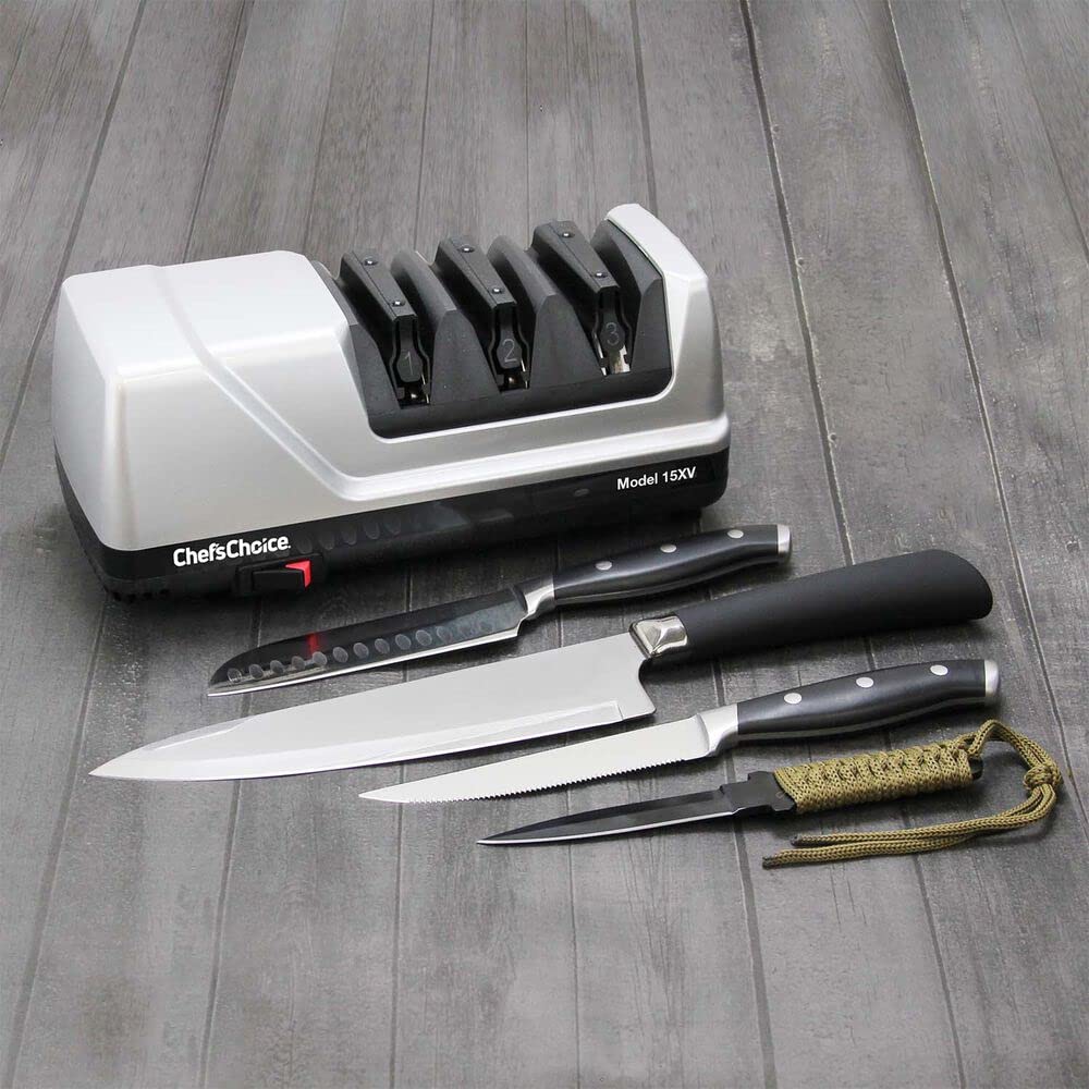Chef’sChoice 15XV EdgeSelect Professional Electric Knife Sharpener with 100-Percent Diamond Abrasives and Precision Angle Guides for Straight Edge and Serrated Knives, 3-Stage, Gray