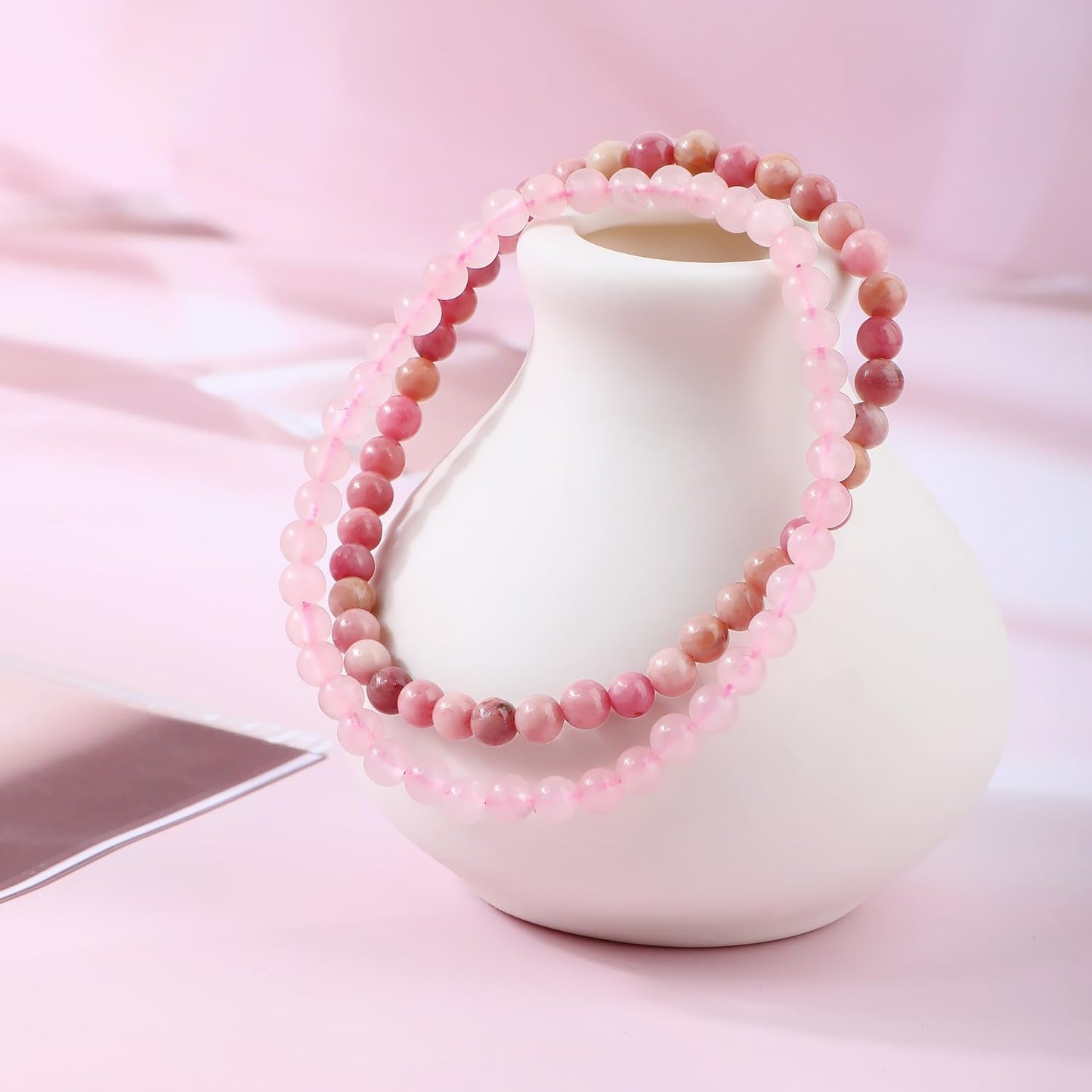 NCB 2-Piece 4mm Natural Crystal Gemstone Stretch Bracelets – ﻿Pink Quartz, Rhodochrosite Handmade Reiki Energy Healing Jewelry for Meditation,Yoga, Unisex