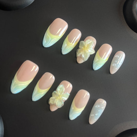 Luxury Press on Nails Medium Almond Handmade 3D Unique Reusable ABS Material Fake Nails Blue&Yellow False Nails with Designs Flower Water Drop Art Petal Glossy Glue on Thick Acrylic Nails(M)