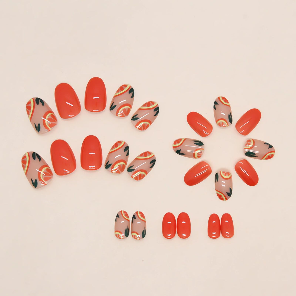IMSOHOT Oval Short Press on Nails Orange French Tips Fake Nails Fresh Fruit Designs Nude Glossy Round Acrylic False Nails with Designs Cute Stick on Nails for Women and Girls 24Pcs