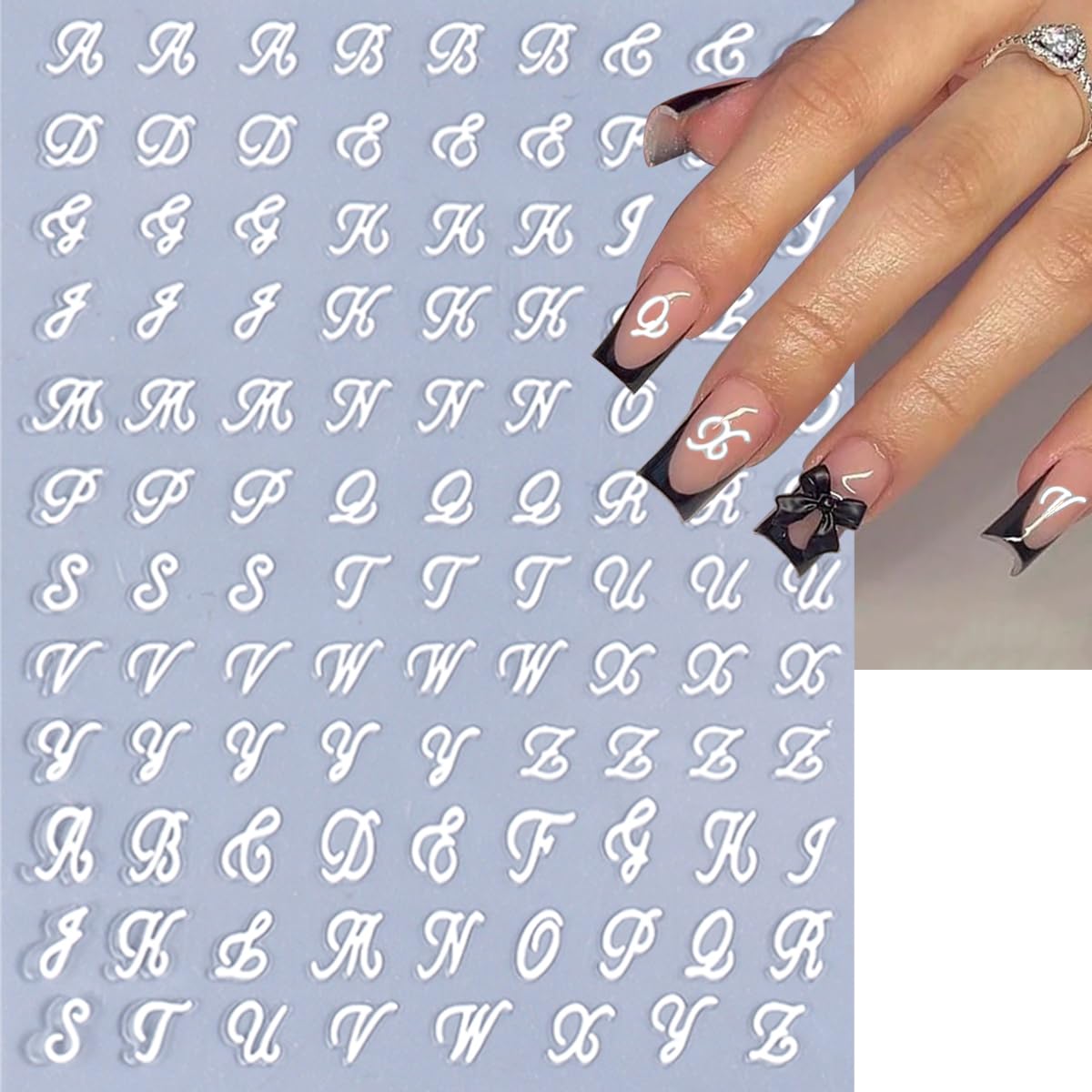 8 Sheets Letter Nail Art Stickers Old English Letter Nail Decals 3D Self-Adhesive Gold Silver Black White Retro Nail Decor Cute Nail Design Stickers Alphabet Cursive Nail Art Supplies for Women DIY