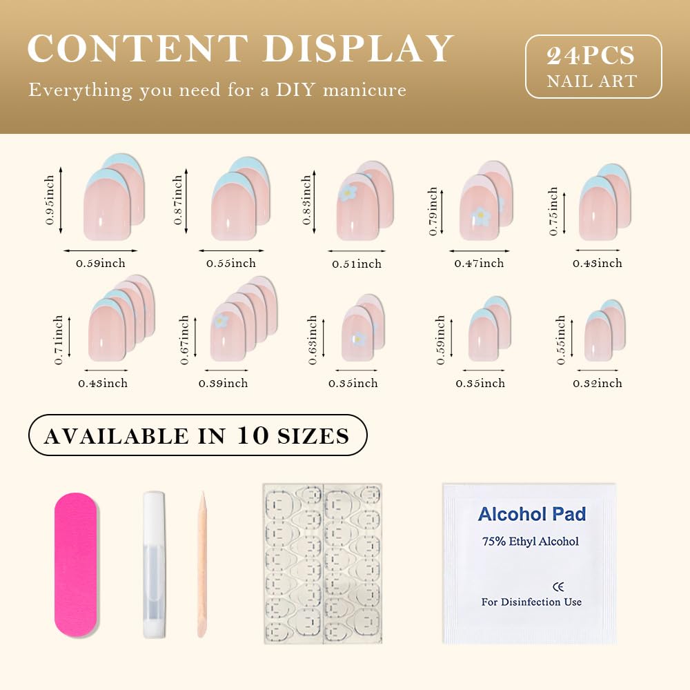 evpct Flower French Tips Press on Nails Short Oval for Women Gift, Nature + Sky Blue & White Tips, Soft Gel Press Stick on Nail with Nail Kit, Supremely Fit Full Cover, Reusable Acrylic Fake Nails Kit