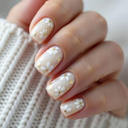 Floral Medium Square Press on Nails Nude Base White Floral Accents Gold Foil Details Glossy Finish Reusable Spring Nails Easy Apply Fashion Party Wear Durable Trendy Women Girls Nail Art 24 Pcs