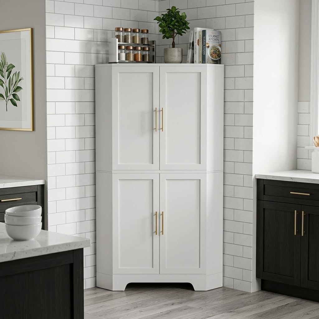 AUN Corner Cabinet, Kitchen Pantry Storage Cabinet with Adjustable Shelves & Spice Rack, Tall Freestanding Corner Pantry with Shaker Doors & Gold Handles for Kitchen, Bathroom, Living Room (White)