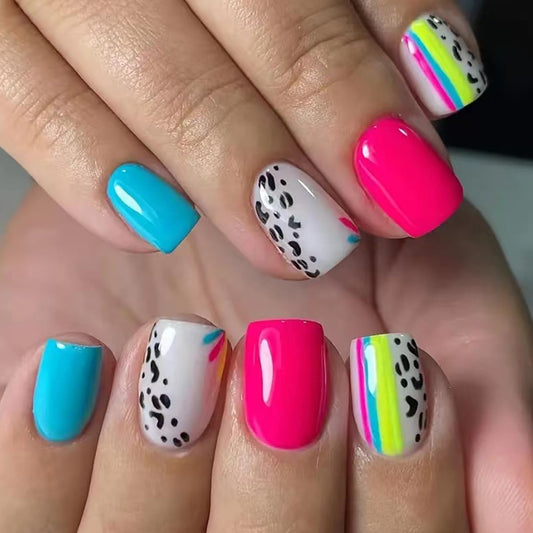 CTTHNBD Press on Nails Short - Square Fake Nails with Colorful Line Design - Glossy Full Cover Stick on Nails - for Women 24 Pcs