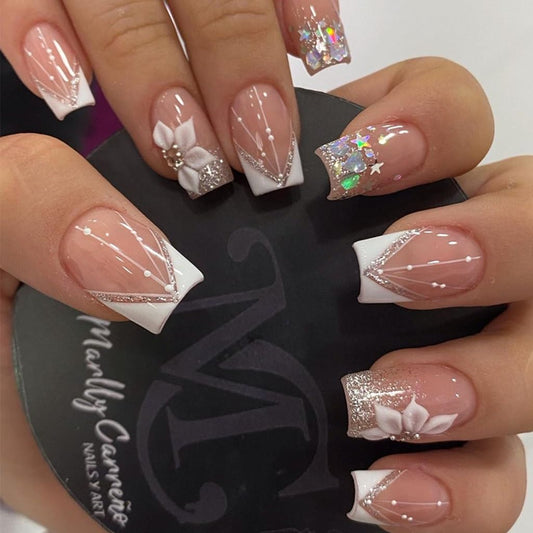 CTTHNBD Square Press on Nails Short - White French Tip Fake Nails with Flower Design - Glitter Glossy Full Cover Stick on Nails - for Women 24 Pcs