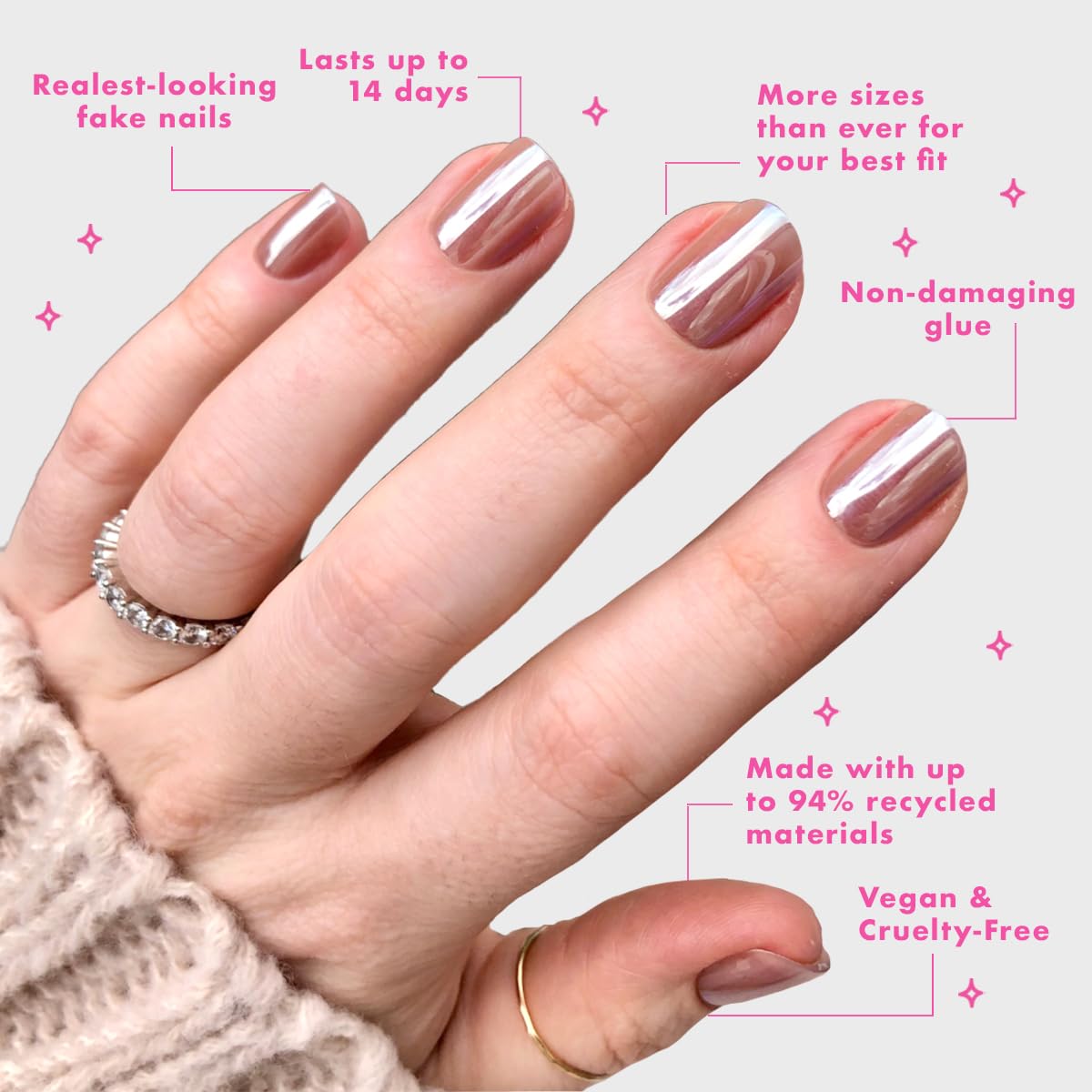 Olive & June Minimalist Instant Mani Press On Nails (Glue) | 42 Fake Nails, 21 Sizes | Non-Toxic, Long-Lasting Barely-There Look | Salon-Quality at Home | Extra Short, Squoval | Taupe Jelly Chrome
