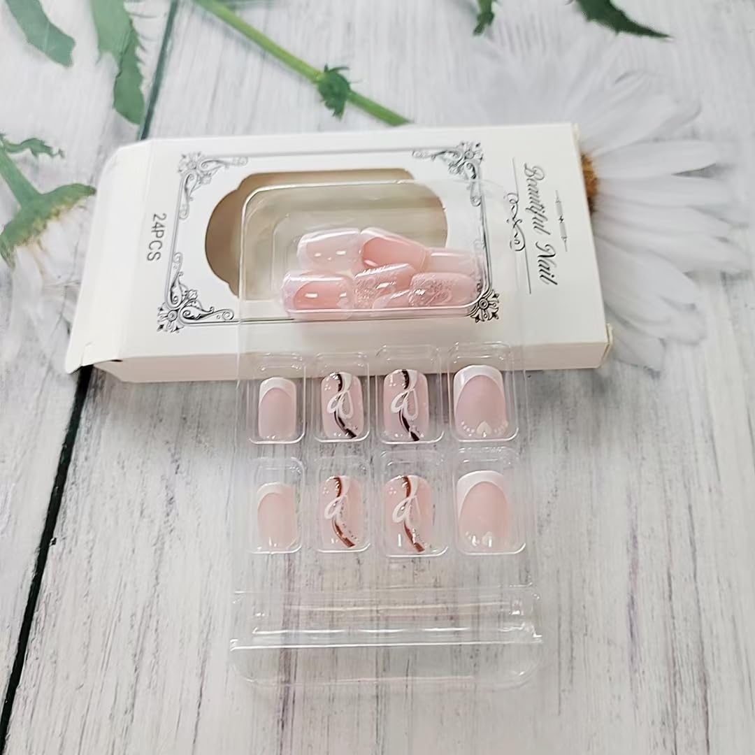 Teilihai White French Tip Press on Nails Short Square Fake Nails with Glitters Line Heart Design Glossy Glue on Nails Pink Nail Tips Full Cover False Nails Artificial Acrylic Nail for Women 24Pcs
