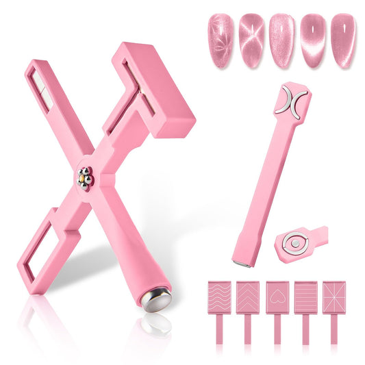 5 in 1 Cat Eye Magnet for Nails Art, 7Pcs Multifunctional Cat Eye Gel Nail Polish Magnet Stripe Nail Magnet Wands for Nails Cat Eye Nail Design Tools Nail Art Accessories(Pink)