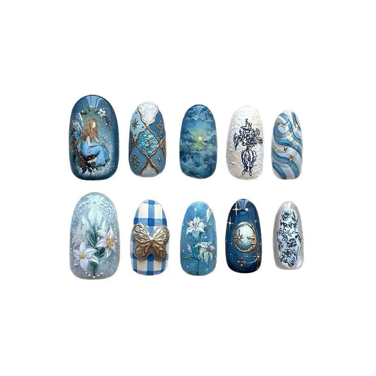 C.Z.Z.T.T.NAILS Fine Nailart Press On Nails, 24 Pieces Almond Shaped, Blue Fantasy Floral Design with Moon and Stars Pattern, Reusable Artificial Nail Tips