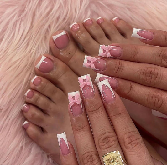 48Pcs White French Tip Press on Nails with Bow Charms & Press on Toenails Set Square Nail Press ons with 3D Charms Designs Pink Fake Nails Acrylic Nails Stick on Nails for Women Nail Decorations