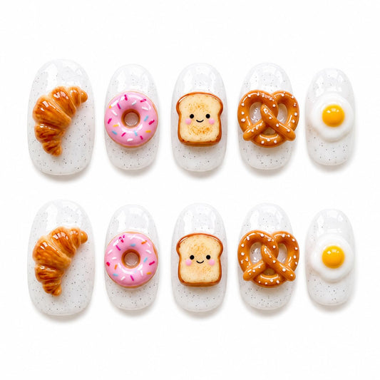 Press On Nails Oval Short, Handmade White Glitter Acrylic Fake Nails, Kawaii 3D Breakfast Food Cute Design, Reusable Glossy, Custom Made to Order
